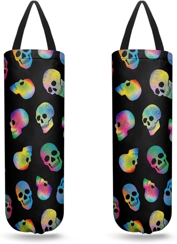 Plastic Bag Holder Set of 2 Hanging Grocery Bag Holder Reusable Plastic Bag Dispenser Trash Bag Organizer Container,Tie Dye Skulls