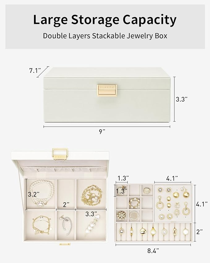 VLANDO Jewelry Box for Women, Gift for Women Girls,2 Layer Jewelry Box,Large Jewelry Organizer for Women Removable Jewelery Tray for Necklace Earrings Rings(Cream White)