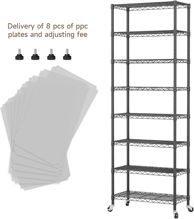 8 Tier Shelves Storage Shelf Wire Closet Bathroom Organizers Metal Pantry Kitchen Garage Shelving Unit Laundry Room Organization Home Rack Net Basket Black with Wheels 12”D X 22”W X 74.2”H