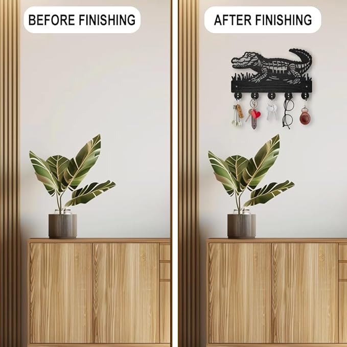 MAYJOYDIY Crocodile Coat Rack Wall Mount Reptile Animal Wood Key Holder for Wall 11.8×7.1inch/30×18.1cm Decorative Key Hooks with 5 Alloy Hooks for Gift, Entryway, Front Door, Hallway, Kitchen, Office