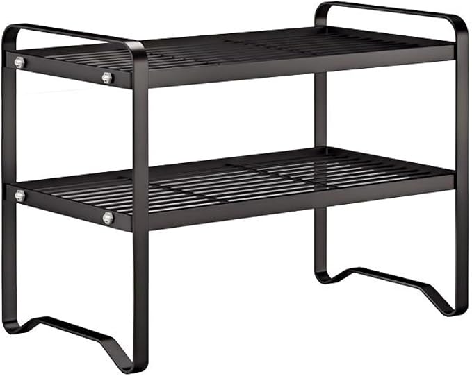 Metal Wire Cabinet Shelf - Multi-Functional Shelf Saver for Kitchen, Pantry, Countertop & Under Cabinet - Storage Solution for Spice Holder, Bookshelf & Cup Display Stand (Black, 2-Tier 16" L)