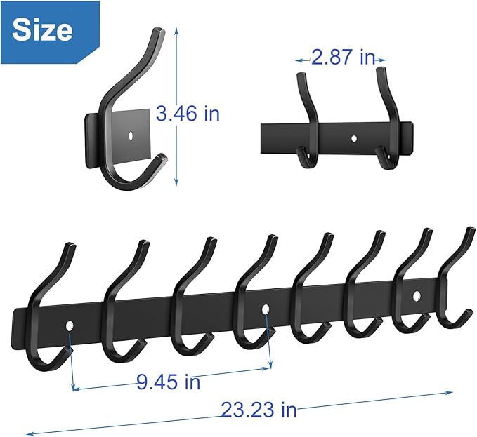 Black Wall Hooks, 23 Inch Coat Rack Wall Mount with 8 Hooks, Wall Hooks Heavy Duty for Hanging Backpack, Bag, Purse, Clothes, Hat, Coat, Towel | Entryway & Bathroom Storage Organization Hanger