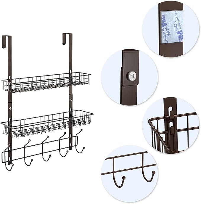 OYEAL Over The Door Hook Rack with 5 Hooks 2 Baskets Steel, Sturdy Durable Coat Rack Towel Hooks Hanging Organizer Shelves for Home Bedroom Bathroom Kitchen, Brown