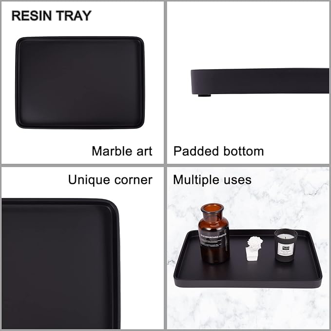 Bathroom Sink Vanity Tray, Large Resin Bathroom Tray, Rectangle Perfume Organizer, Decorative Tray for Vanity Dresser Countertop Living Room Kitchenï¼Blackï¼