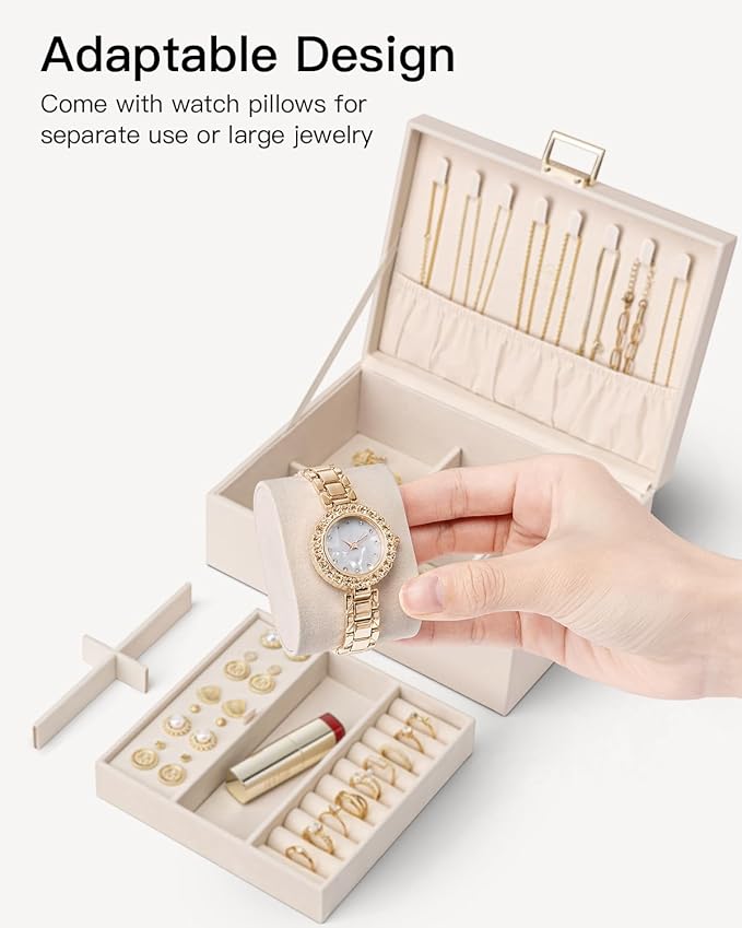 VLANDO 2 Layer Jewelry Boxes Large Jewelry Organizer for Women Removable Jewelery Tray for Watch Necklace Earrings Rings Bracelets Wedding Gifts Bride Gifts(Apricot White)