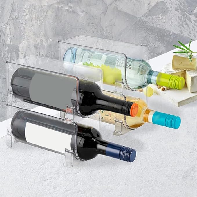 Stackable Drawer Style Wine Rack and Bottle Holder Compact Plastic Organizer for Home Bar Kitchen Refrigerator Space-Saving Storage Solution 2-Pack