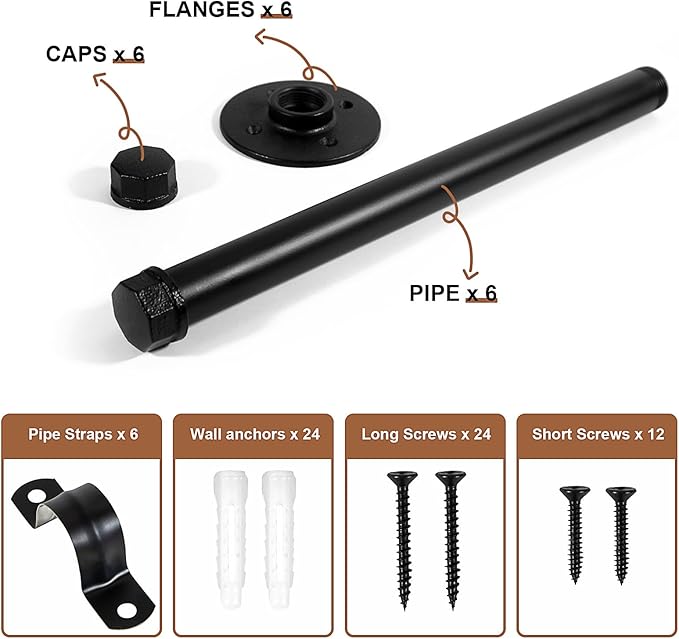 6 Pcs Industrial Pipe Clothes Bar 12 Inch - Wall Mount Clothing Rack - Face Out Wall Clothing Rods for Commercial Retail Boutique Shirt Display