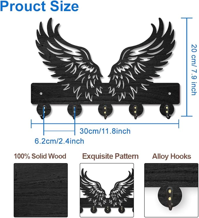 MAYJOYDIY Wing Feathers Wood Key Holder for Wall Angel Wings Wall Mounted Key Hooks 11.8×7.9inch Coat Hanger Rack with 5 Alloy Hooks for Entryway Front Door Kitchen Office Decoration