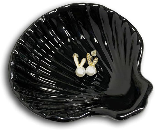 Shell Shape Ring Holder Dish, Seashell Jewelry Dish Tray, Ceramic Trinket Tray for Rings Earrings Necklaces Bracelet, Birthday Mother's Day Christmas Gift for Mom Friend Sister, 3.9", Black