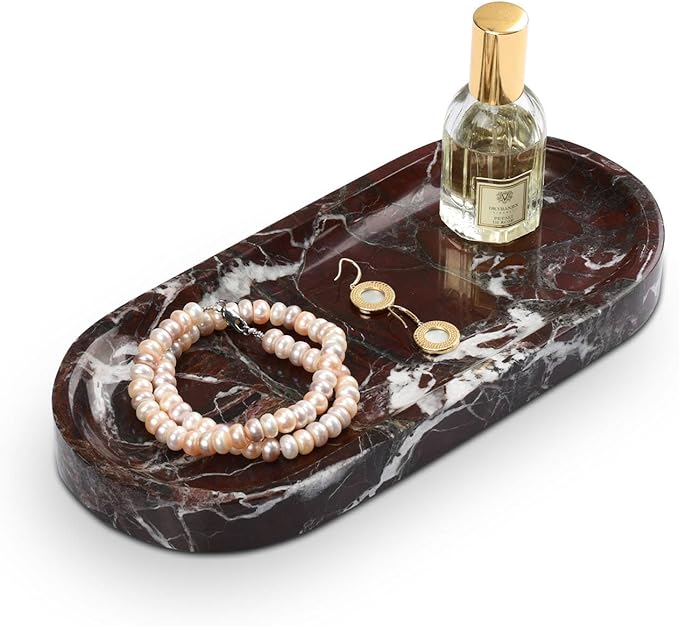 Bathroom Vanity Tray, Natural Marble Oval Tray 10 inch, Rosso Levanto Marble Vanity Tray for Soap Dispenser Modern Countertop Organizer for Kitchen Countertops, Home Decor