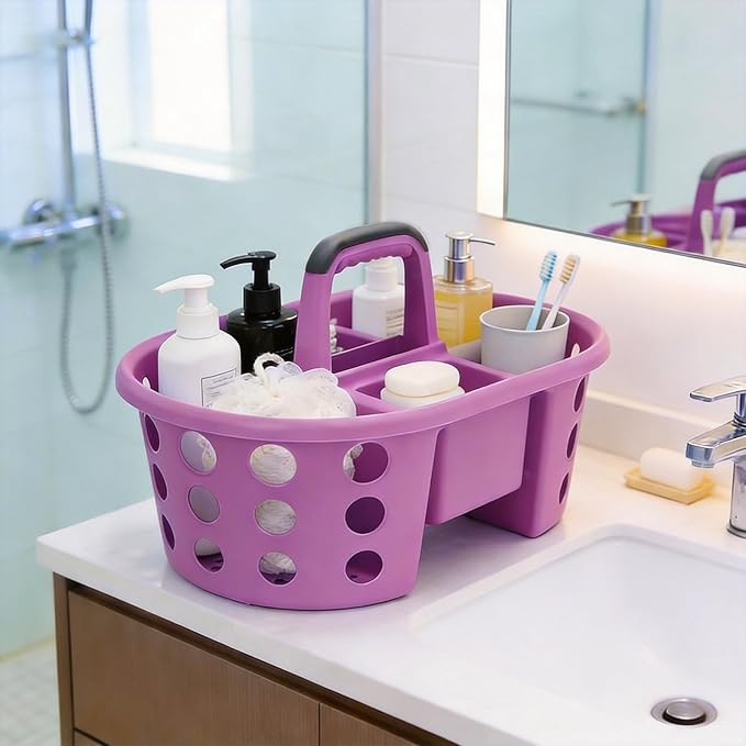 Large Shower Caddy Portable 2PC - Made in USA Plastic Jumbo Size Dorm Storage Candy Tote with Handle Shower Organizer for Bathroom, Pantry, Kitchen, College Dorm, Purple