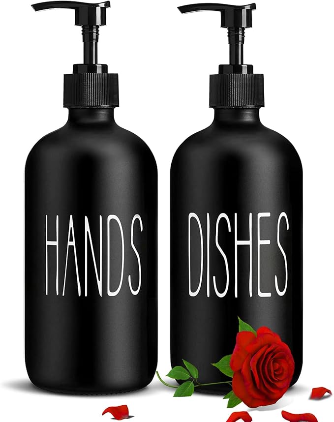 Glass Soap Dispenser Set 2 Pack,Contains Hand and Dish Soap Dispenser.Premium 16 Oz Black Kitchen Soap Dispenser Set for Kitchen Sink and Farmhouse Decor