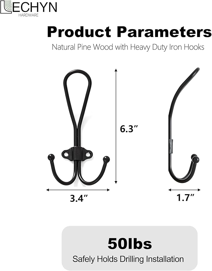 Farmhouse Black Coat Hooks Wall Mount, Rustic Large Heavy Duty Metal Wall Hooks for Hanging Jackets, Clothing, Backpacks, and Purses