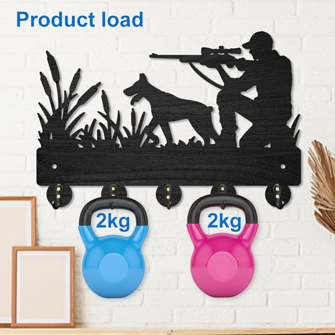 MAYJOYDIY Hunter Hunting Hound Coat Rack Wall Mounted Wood Man Dog Animal Reed Key Hooks for Wall 11.8×7.9inch Black Key Holder Hanger Wall Art Decor 5 Alloy Hooks for Gift Hallway Entryway Kitchen