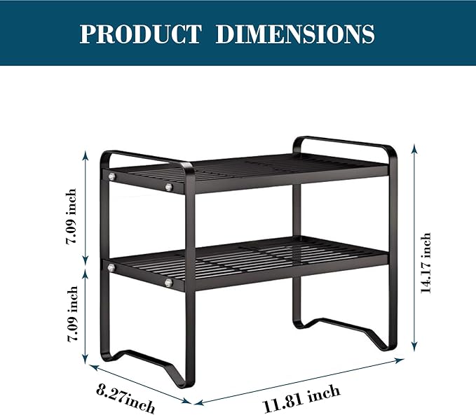 Metal Wire Cabinet Shelf - Multi-Functional Shelf Saver for Kitchen, Pantry, Countertop & Under Cabinet - Storage Solution for Spice Holder, Bookshelf & Cup Display Stand (Black, 2-Tier 12" L)