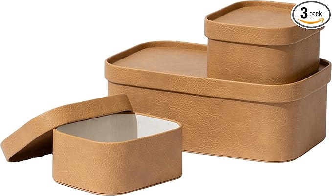 La Jolie Maison Vegan Leather Storage Boxes with Lids, Set of 3 Decorative Storage Containers Organize Stackable Storage Box, Camel