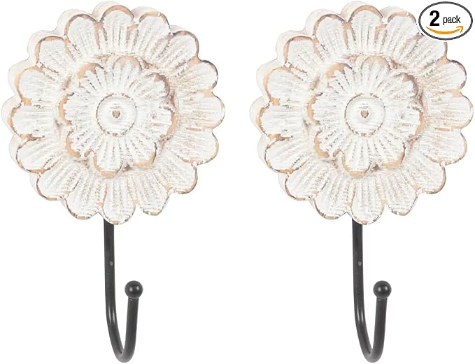 Distress Wood Flower Coat Hooks for Wall Hanging, Single Small Vintage Decorative Hanger for Keys, Bags, Towels (Long Hanger S/2)