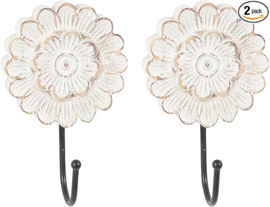 Distress Wood Flower Coat Hooks for Wall Hanging, Single Small Vintage Decorative Hanger for Keys, Bags, Towels (Long Hanger S/2)