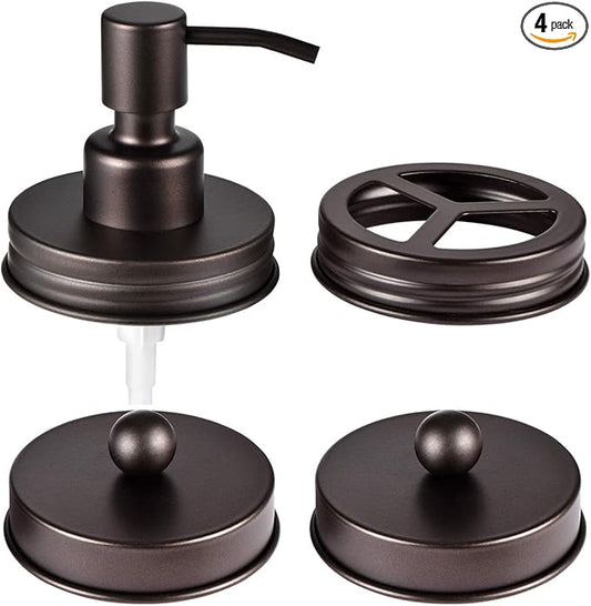 Mason Jar Bathroom Accessories Lids Set(4pcs) - Jar Not Included - Soap Dispenser,Toothbrush Holder, Apothecary Jars Lids for Regular Mouth Mason Jars - Rustproof Stainless Steel，Bronze