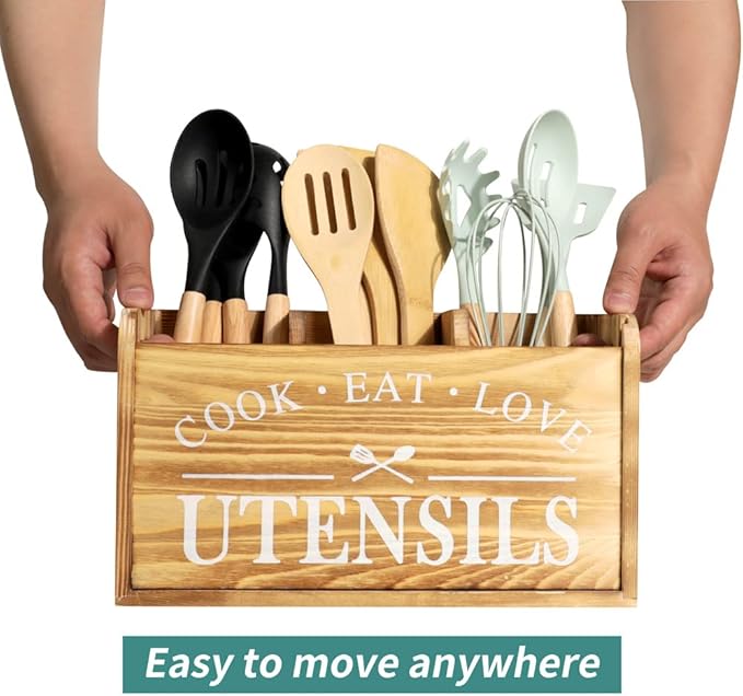 Kitchen Utensil Holder for Countertop, Large Solid Wood Farmhouse Cooking Utensils Organizer for Kitchen Counter, 3 Compartments Utensil Spoon Holder Tool Storage for Home Decor (Burned wood)
