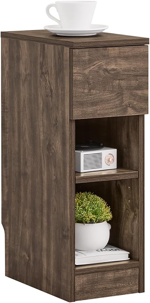 SoBuy Narrow Nightstand Slim Bedside Table with Drawer and Open Shelf, Skinny Modern Nightstand for Bedroom, Compact Side Table for Tight Corners and Small Spaces, Brown FBT111-SN