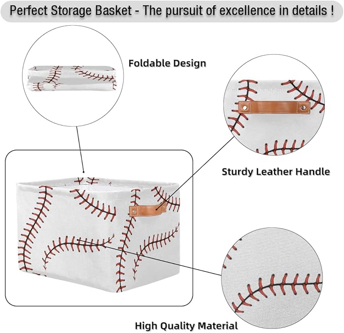 AUUXVA Storage Basket Baseball Stitches Storage Cube Box Sport Baseball Basket Softball Canvas Collapsible Toy Storage Bin Shelf Kids Gift Basket with Handles, 1Pc