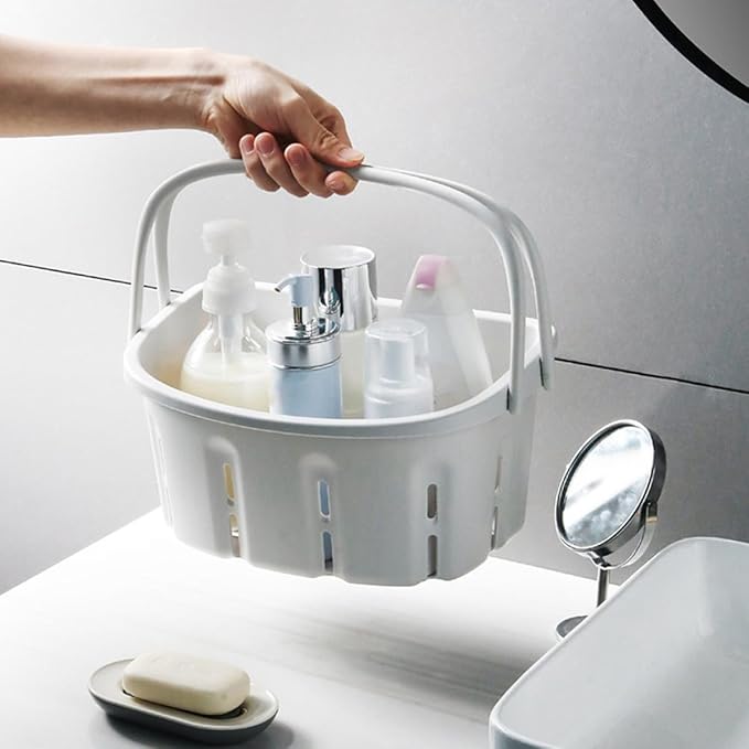 Portable Toiletries Holder and Handheld Bath Basket, White Pp Shower Caddy with Handle for Bathroom Storage and Cosmetics Organization, Household Portable Bathroom Organizer