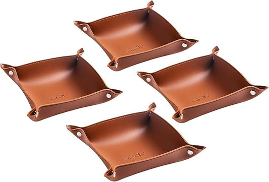 SANQIANWAN Leather Jewelry Valet Tray for Women and Man, Portable Entryway Table Tray Bedside Nightstand Desk Tray Small Catchall Travel Dish Plate for Key,Wallet,Watch,Coin (4PCs Brown-B)