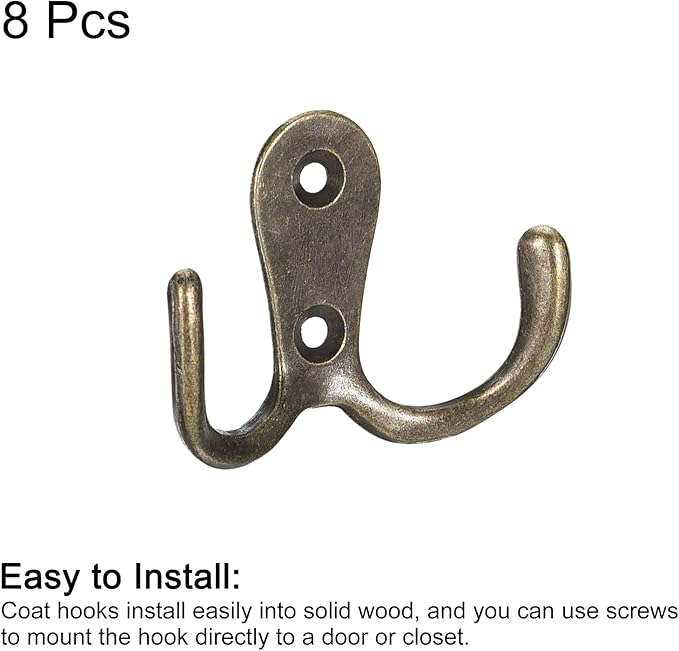 uxcell Wall Hooks, 8Pcs - Zinc Alloy Double Prong Retro Hook, Hooks for Hanging Towel Coat Backpack Clothes Scarf Keys Hat Cup (Bronze)