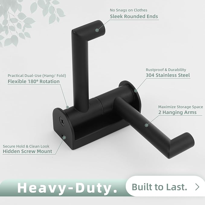 Matte Black Rotating Double Towel Hooks 2 Pack, 304 Stainless Steel Swivel Wall Hooks with 2 Arms, Space Saving Towel Hangers for Bathroom Kitchen