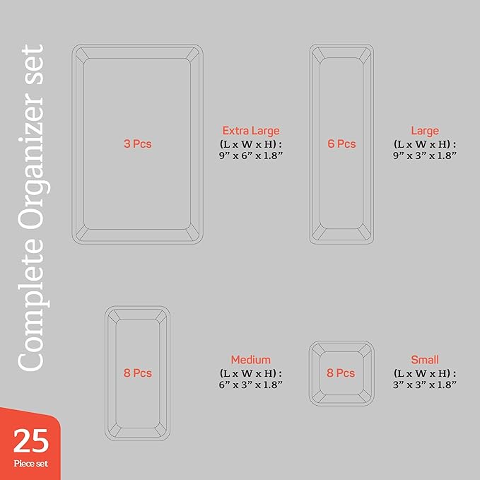 Drawer Organizer Set - Includes 3-piece 9x6" bins, 6-piece 9x3" bins, 8-piece 6x3" Bins, 8-piece 3x3" Bins, Stackable 4 Size Storage Trays for Makeup, Kitchen, and Office, Pack of 25