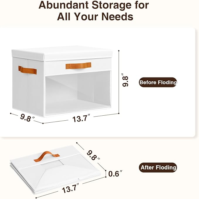 Large Storage Bins with Lids - 6 Pack Foldable Decorative Organizers with Clear Windows & Handles, Cube Storage Organizers for Clothes, Blankets, Sweaters, Sheets, White