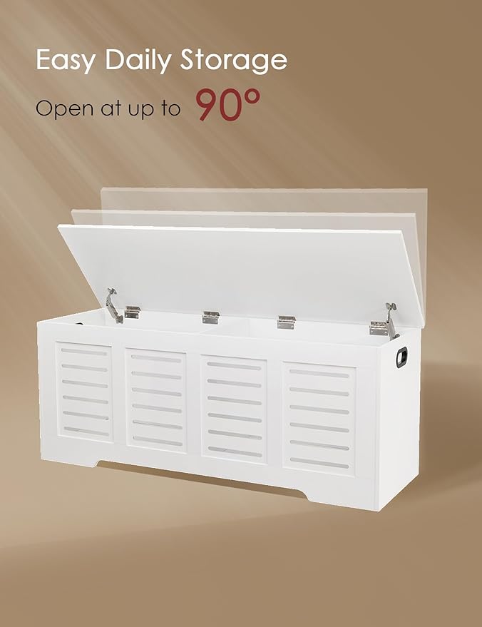 DINZI LVJ Storage Chest, 47.3â Wooden Toy Box with 2 Safety Hinges, Retro Entryway Shoe Storage Bench with Flip-Top, Sturdy Large Storage Trunk for Living Room, Bedroom, Easy Assembly, White