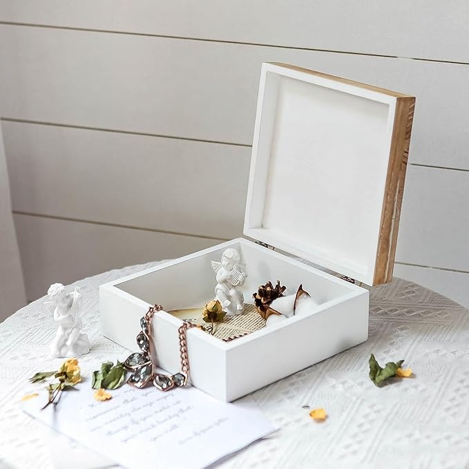 Small Decorative Box with Lid Wooden Keepsake Storage Box Carved Flower Handmade Jewelry Box Rustic Trinket Box Table Organizer - 7.1 x 7.1 x 3.2 Inches