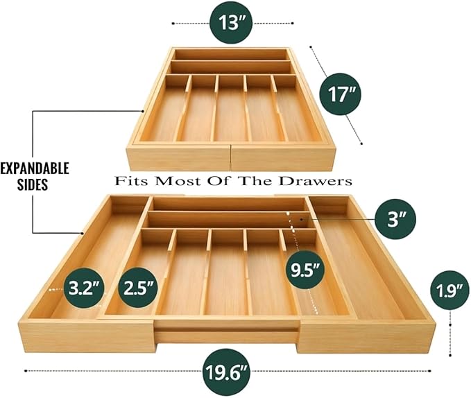 Bamboo Drawer Organizer – Expandable 9 Slot Silverware & Utensil Tray for Kitchen, Office & Kitchen –Fits 13”–19.6” Drawers, Natural Bamboo Wood, Deep Compartments - Durable & Eco-Friendly
