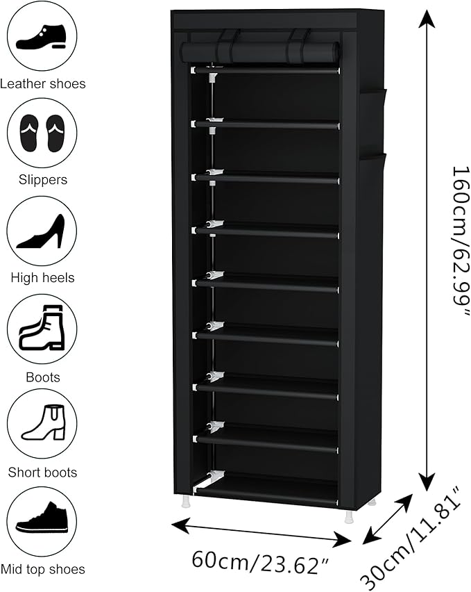 Calmootey 9 Tier Shoe Rack Organizer,Portable Shoe Shelf with Nonwoven Fabric Cover for Closet Hallway,Bedroom,Entryway,Black | Organizer, for Closet, Hallway, Bedroom, Entryway