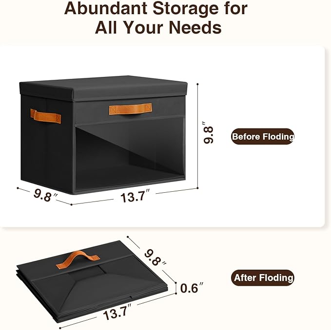 Large Storage Bins with Lids - 6 Pack Foldable Decorative Organizers with Clear Windows & Handles, Cube Storage Organizers for Clothes, Blankets, Sweaters, Sheets, Black