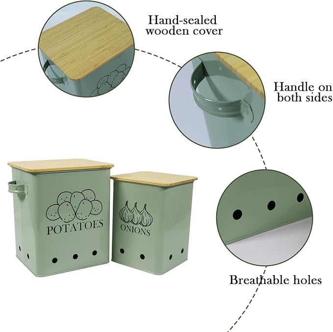 Kitchen Vegetable Storage Tins Set of 2 for Potatoes, Onion, with wooden lid Garlic Bin Caddy, Long Shelf Life-Grayish Green