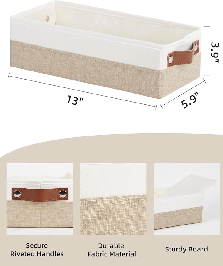 HNZIGE Toilet Paper Baskets for Storage, 13"x 5.9"x3.9" Narrow Storage Bins Baskets with Leather Handles for Organizing Closet and Shelf,Bedrooms, Living Rooms, White&Khaki-3 Pack