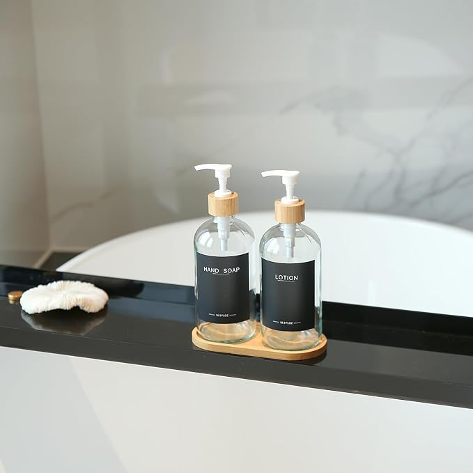 Clear Glass Soap Dispenser with Bamboo Pumps&Tray&Labels, Hand Dispenser, Lotion Dispenser, Dish Soap Dispenser for Kitchen Sink. (Clear)