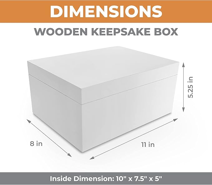Blake & Lake Large Wooden Keepsake Box - White, Hinged Lid - Decorative Storage Box for Jewelry and More