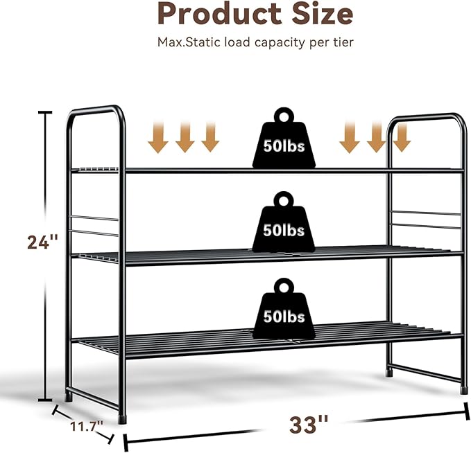 3 Tier Shoe Rack, 32.5" Wide Stackable Sturdy Metal Shoe Shelf Storage Organizer with Height-Adjustable for Entryway, Closet, Black
