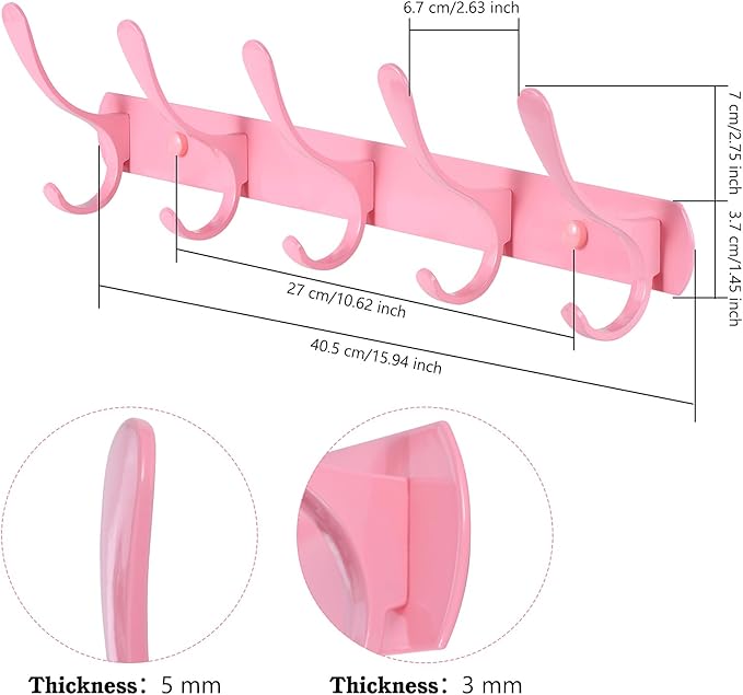 Eleckey Cute Pink Clothing Coat Rack, Wall Mounted Clothes Hooks Rack(Pink)
