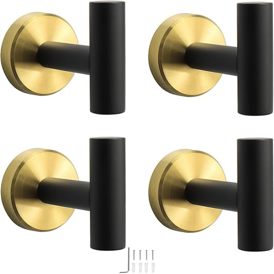 NearMoon Bath Towel Hooks- SUS 304 Stainless Steel Robe Hook Holder, Heavy Duty Coat Hook for Bathroom Livingroom Hotel Kitchen Garage, Wall Mounted (Black Gold, 4 Pack)