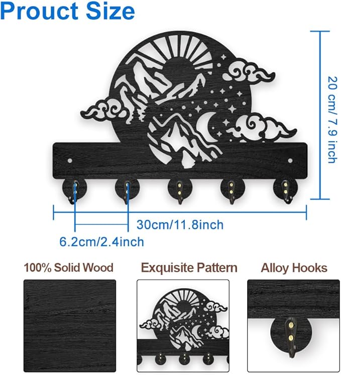 MAYJOYDIY Sun Moon Star Cloud Key Holder for Wall 11.8x7.8inch Nature Scenery Mountain Wood Key Hooks Hat Organizer Rack with 5 Alloy Hooks for Entryway Front Door Office Decor