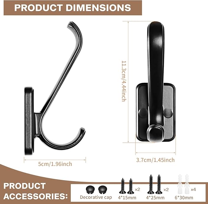 Coat Hooks Wall Mount Heavy Duty - Metal Towel Hooks With Concealed Screw Design Matte Black Wall Hooks for Hanging Towel, Key, Robe, Scarf, Garage Entryway Closet Mudroom Bathroom (6, Black)