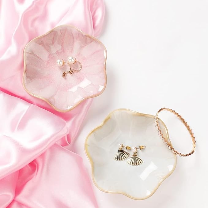 Ceramic Jewelry Dish, Jewelry Tray Key Tray,Small Ring Dish Holder Jewelry Plate Trinket Dish Catchall Tray Nightstand Decor For Table Room Decor SM (4.3 Inches, White + Pink)