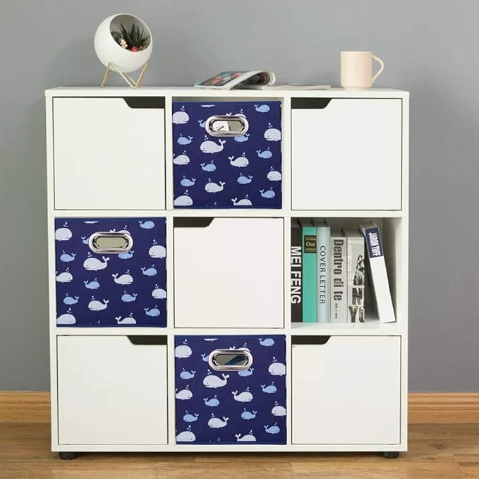 13 inch Collapsible Storage Cubes Bins Fabric Storage Boxes Blue Foldable Cube Inserts Storage White Whale Folding Cloth Storage Baskets Drawer Organizer ,QY-SC04-6