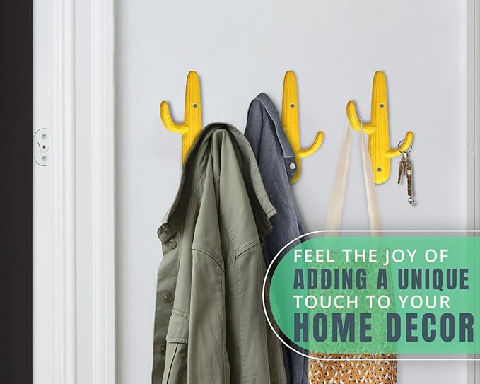 Comfify Set of 3 Hooks Cast Iron Cactus Double Wall Mounted Hooks/Hangers - Decorative Wall Mounted Hooks for Coats, Bags, Towels and More - w/Screws and Anchors Included - Yellow
