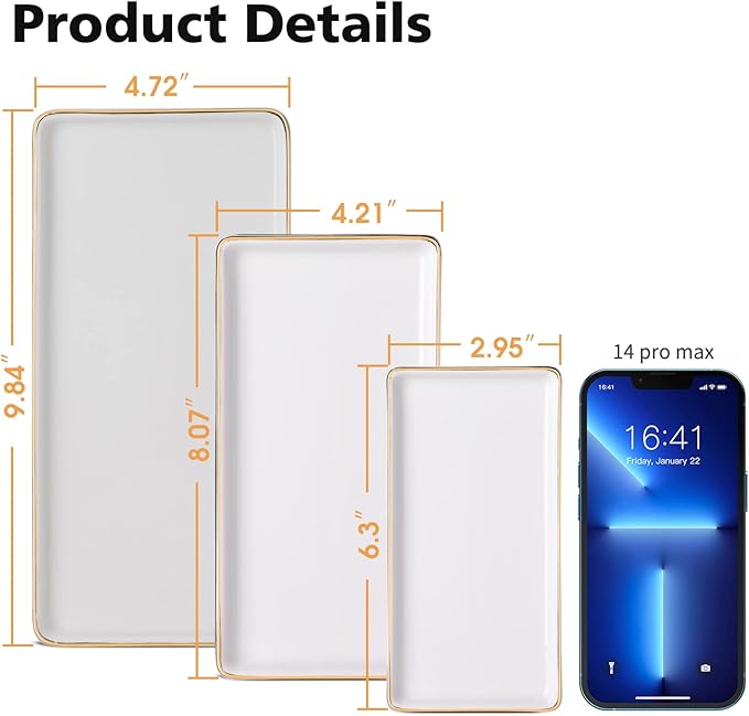 Gurygo 10" Bathroom Tray, Ceramic Vanity Trays for Bathroom, Small Ceramic Tray, Kitchen Soap Trays for Kitchen Counter (White with Gold-Edged, 10",Set/1)